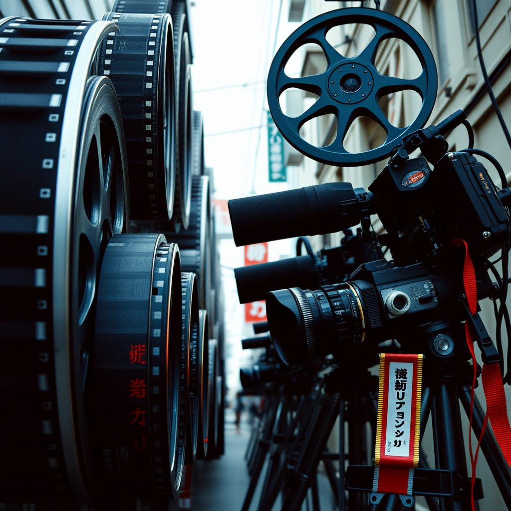 日本映画の歴史を表現する画像：古典的な映画フィルムリールと現代的なカメラが並んでいる、モノクロとカラーの映像が混在する芸術的な構成