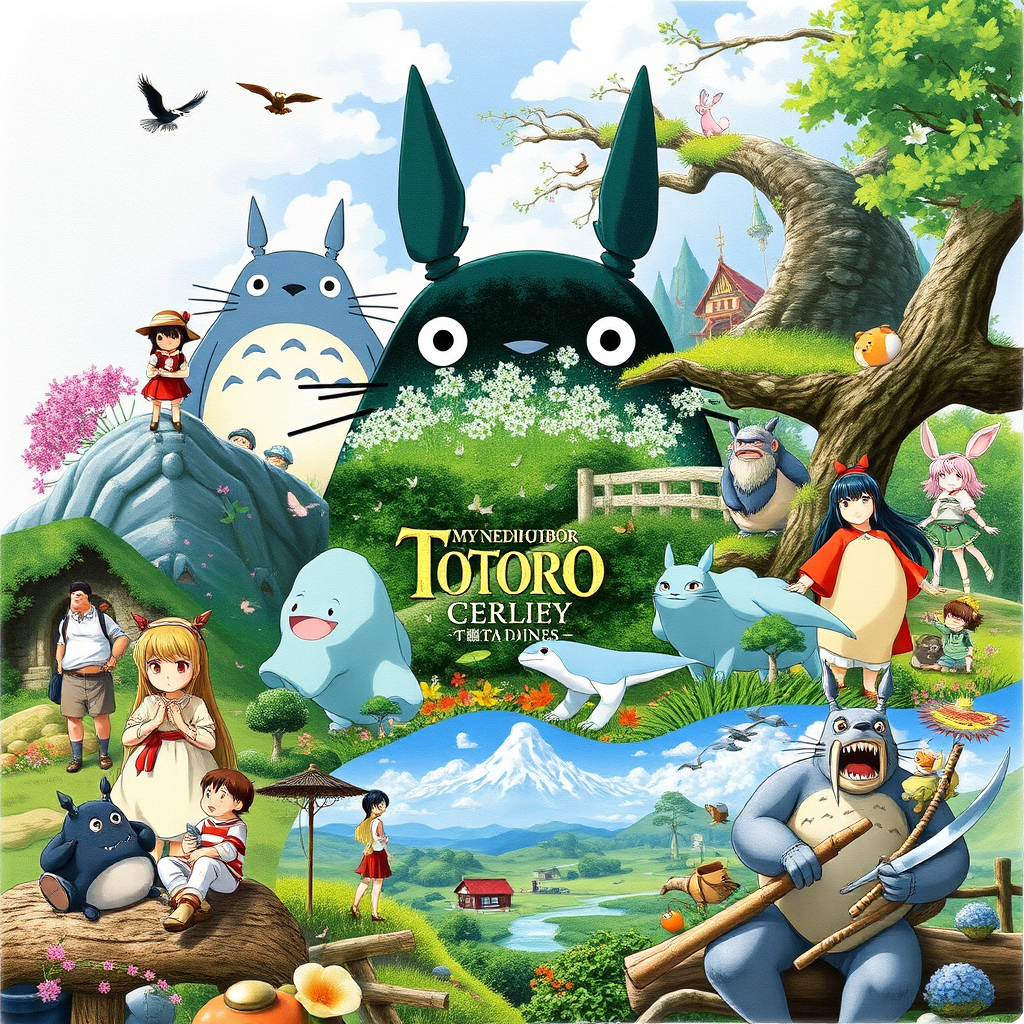 スタジオジブリの代表的なアニメーション作品のコラージュ。となりのトトロ、千と千尋の神隠し、もののけ姫などの象徴的なキャラクターと美しい自然の風景が描かれている