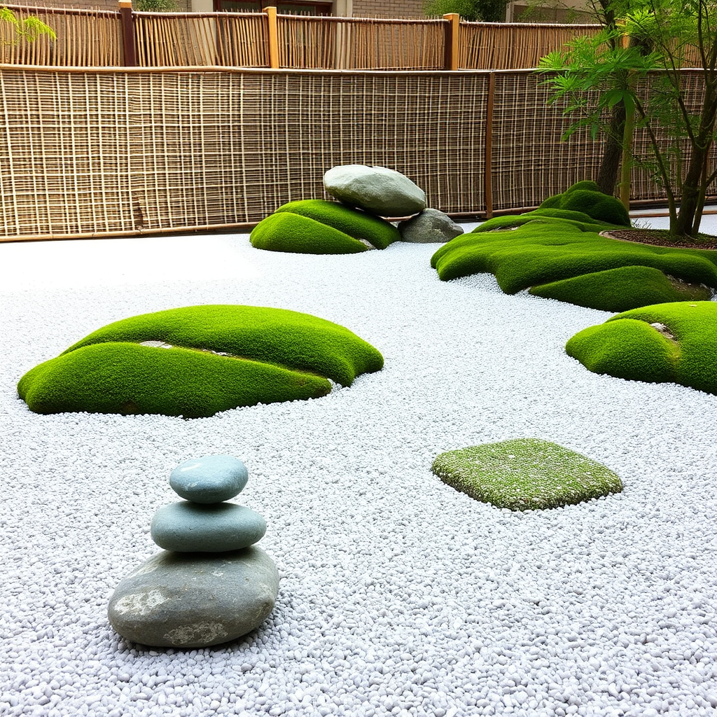 静寂な日本の禅庭園、白い砂利に美しく配置された石、完璧に手入れされた苔、背景に竹の柵がある伝統的な枯山水庭園