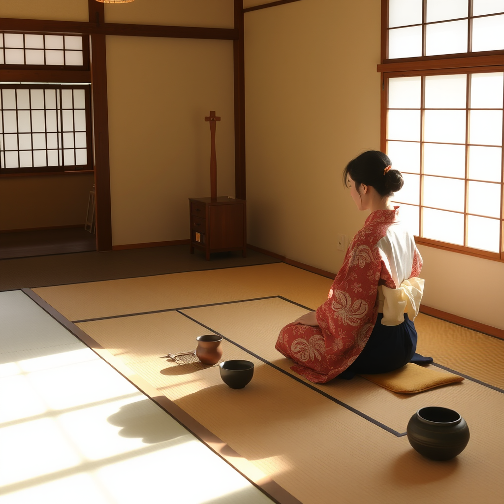 伝統的な日本の茶室で行われる茶道の様子、畳の上に座る着物姿の女性、シンプルな茶器、自然光が差し込む静寂な空間