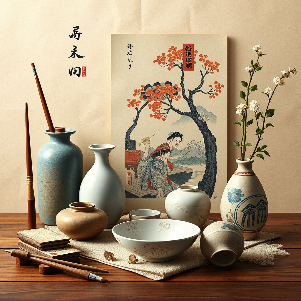 伝統的な日本芸術を表現する画像：書道の筆と墨、浮世絵の版画、陶芸の器が美しく配置された静物画、和紙の背景に現代的なデジタル要素が融合