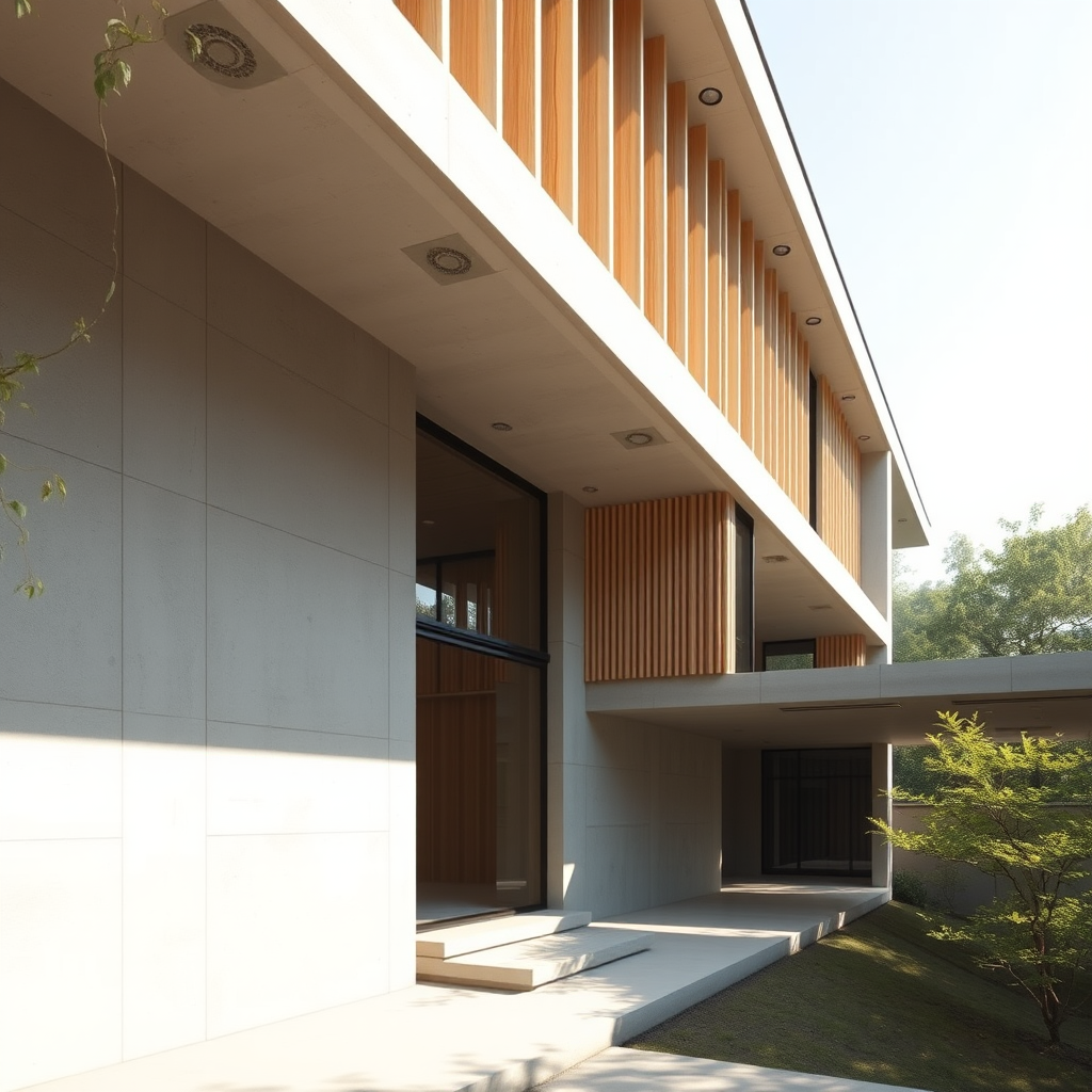 現代日本のミニマリスト建築、コンクリートと木材を使用したシンプルな直線的デザイン、大きな窓から自然光が差し込む、周囲の自然と調和した建物